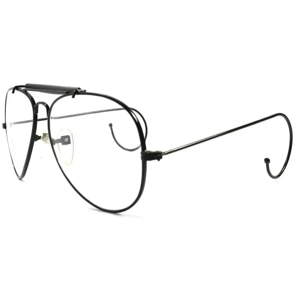 Black Vintage Retro 80s Aviation Style Flexible Ear Loop Wrap Clear lens glasses